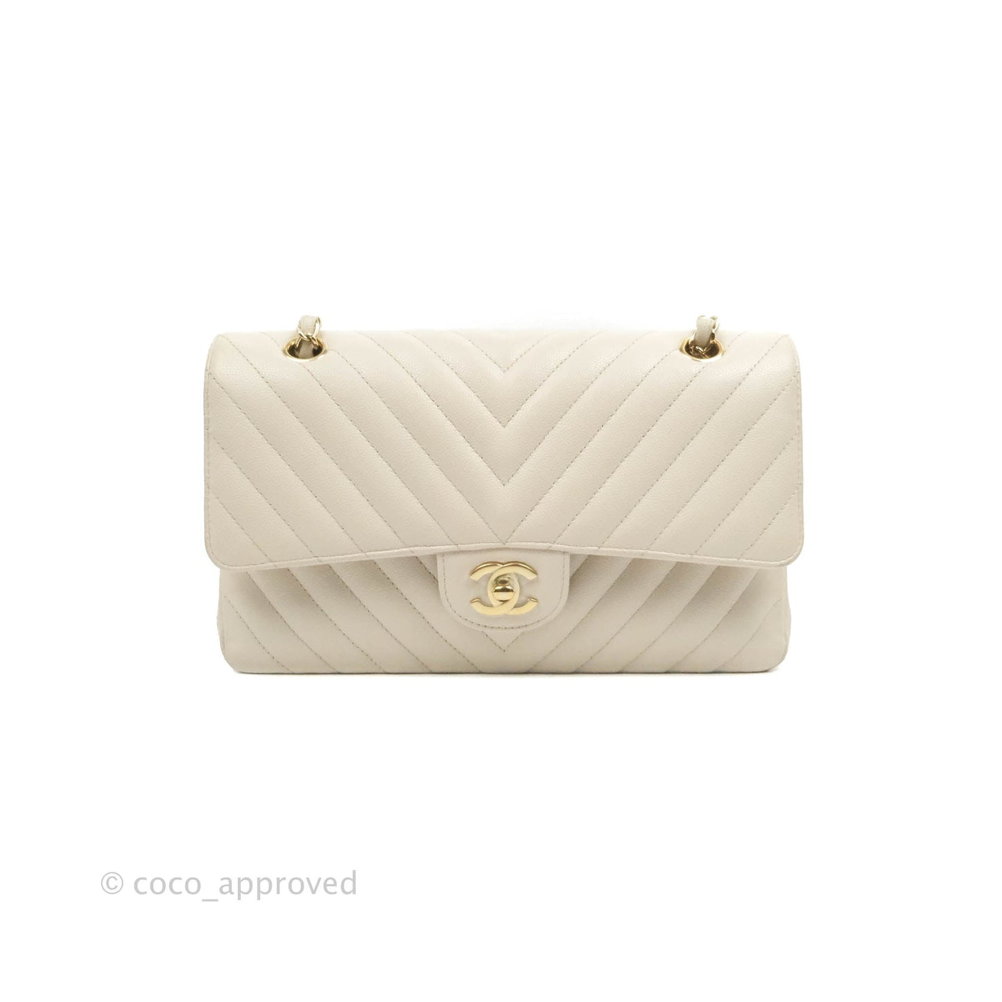 Chanel Classic M/L Medium Double Flap Chevron Ivory Caviar Gold Hardware