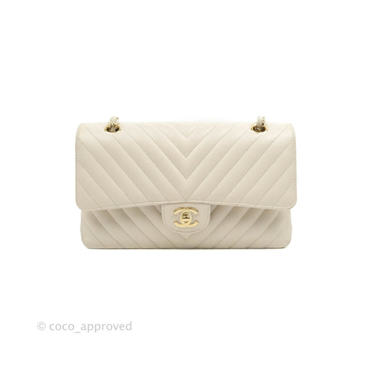 Chanel Classic M/L Medium Double Flap Chevron Ivory Caviar Gold Hardware
