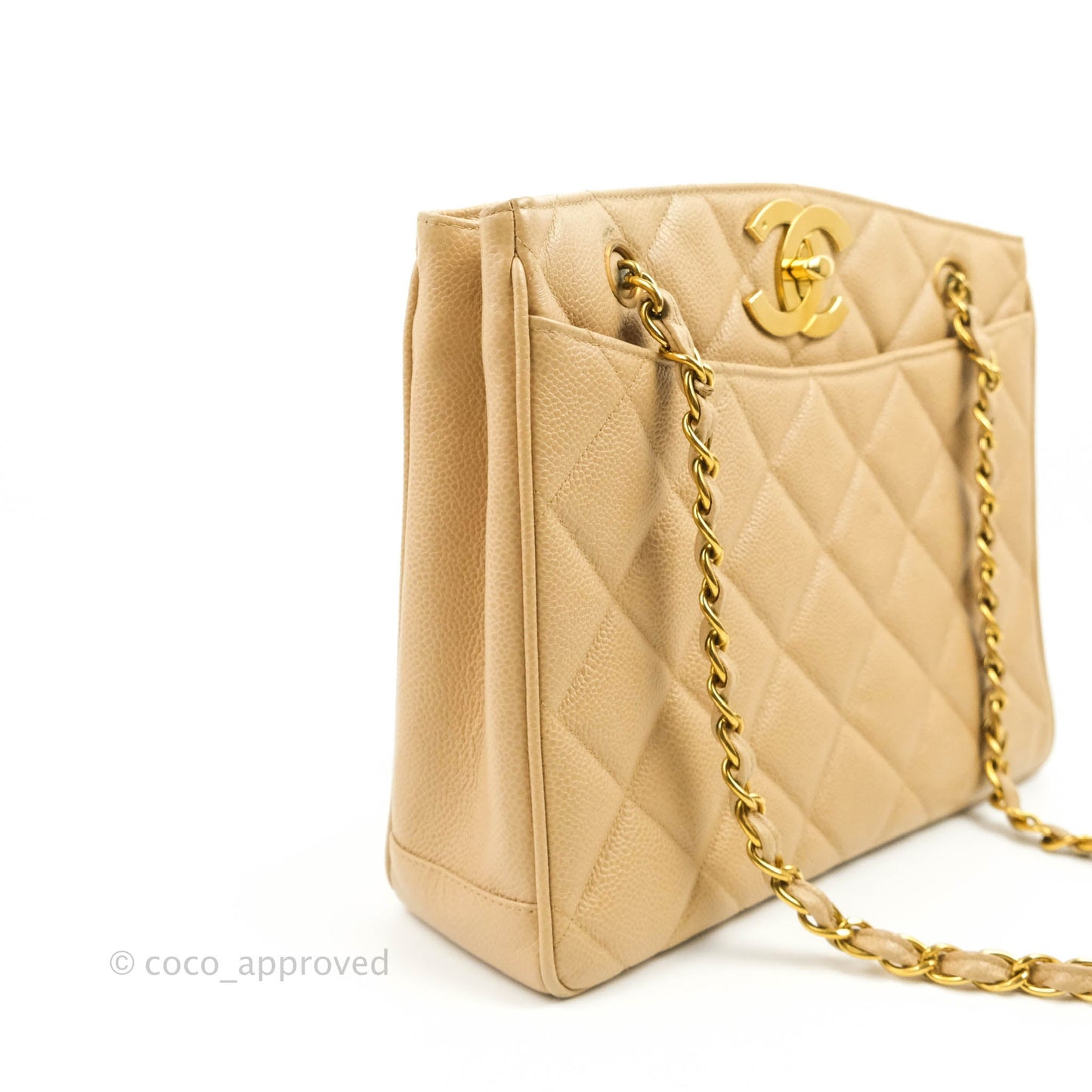 Chanel Vintage CC Quilted Tote Dark Beige Caviar 24K Gold Hardware