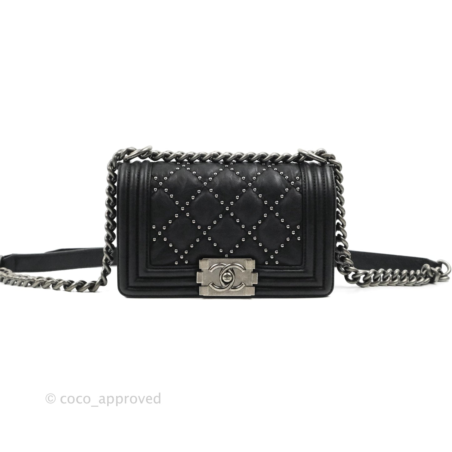 Chanel Quilted Small Boy Studded Bag Black Aged Calfskin Ruthenium Hardware