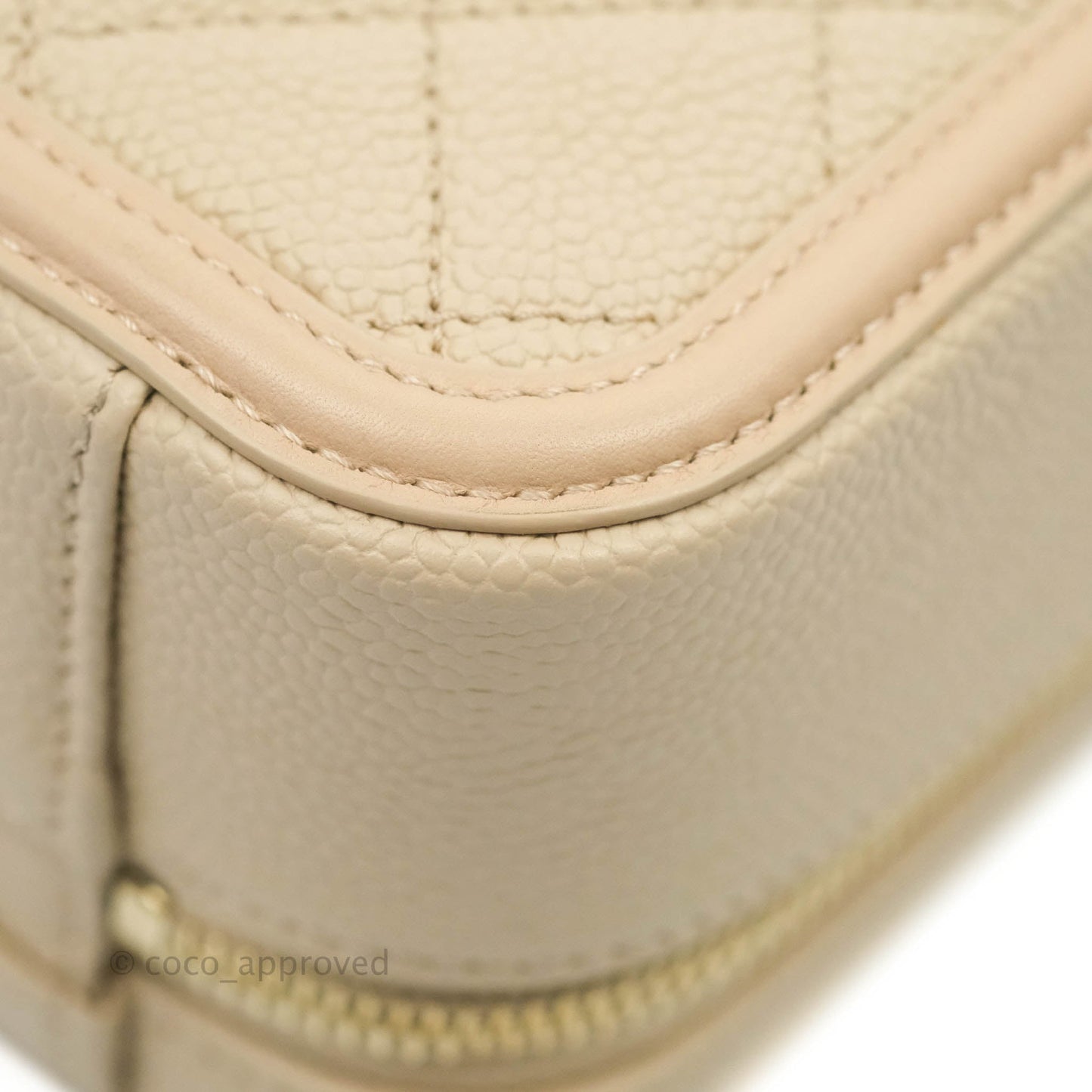 Chanel Quilted Medium CC Filigree Vanity Case Light Beige Caviar Aged Gold Hardware