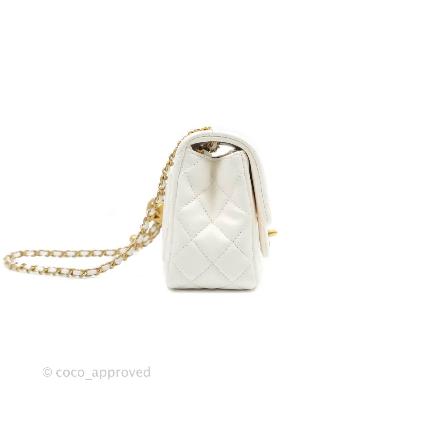 Chanel Mini Square Pearl Crush Quilted White Lambskin Gold Hardware