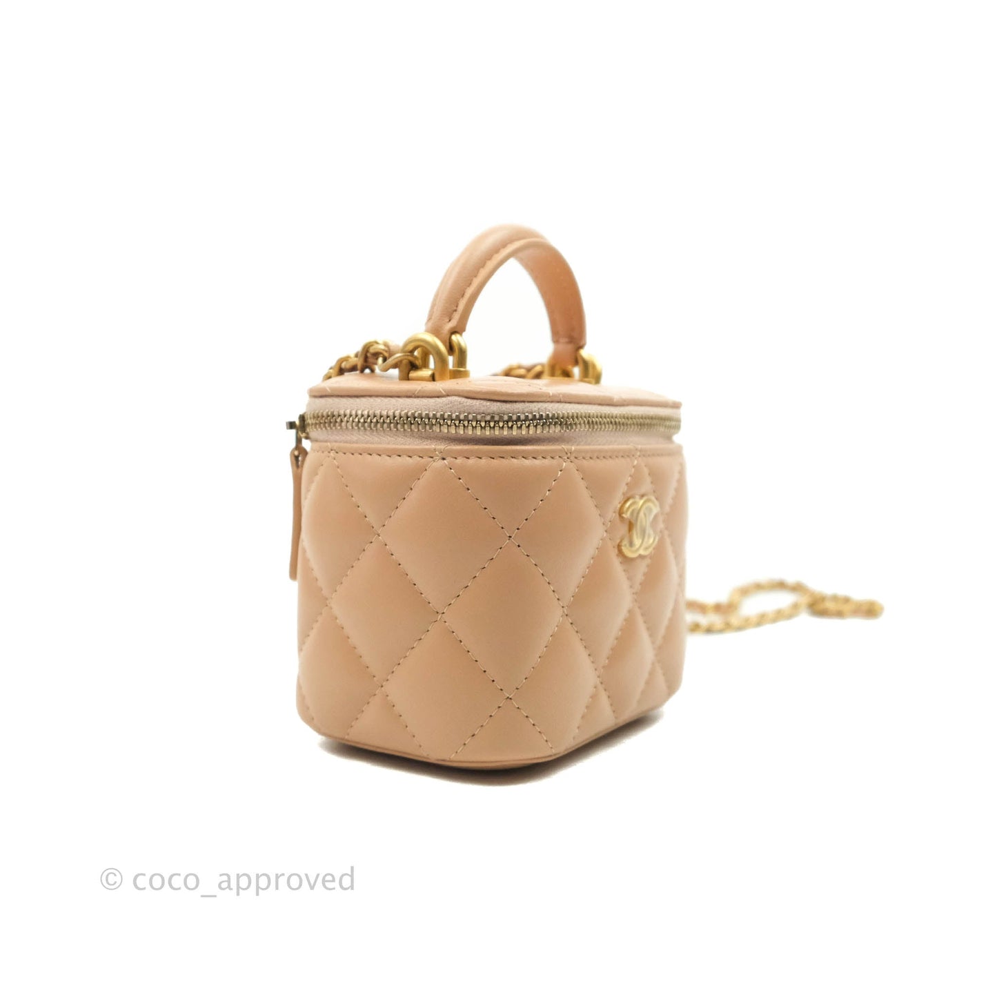 Chanel Mini Top Handle Vanity With Chain Beige Lambskin Aged Gold Hardware