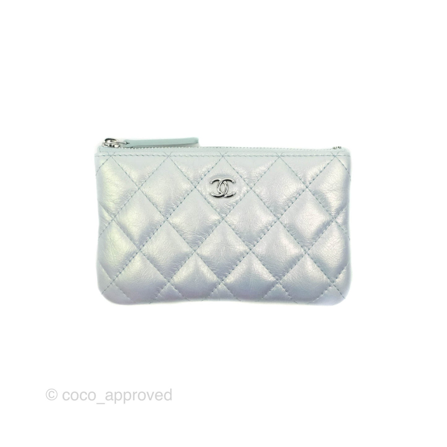 Chanel Mini Quilted O Case Iridescent Icy Blue Calfskin Silver Hardware