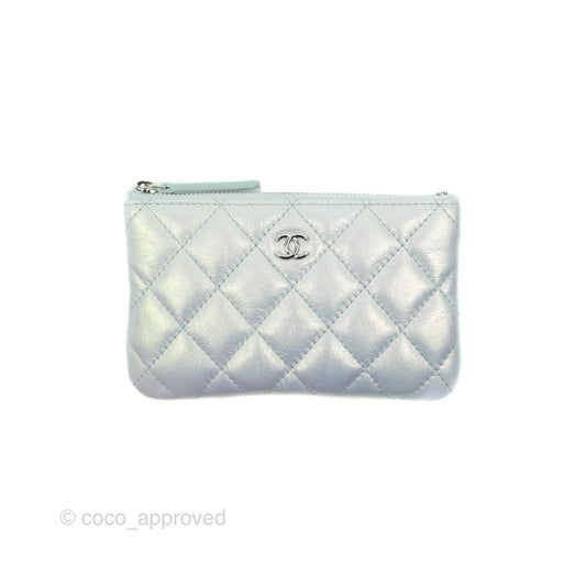 Chanel Mini Quilted O Case Iridescent Icy Blue Calfskin Silver Hardware