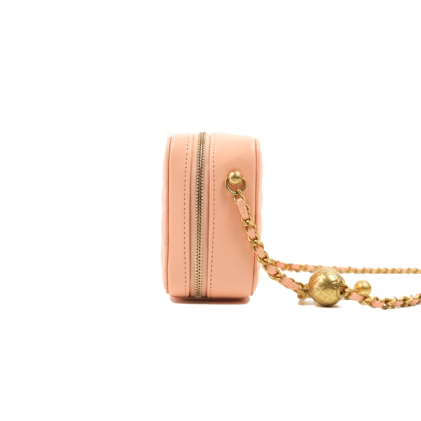 Chanel Mini Pearl Crush Quilted Camera Case Beige Pink Lambskin Aged Gold Hardware