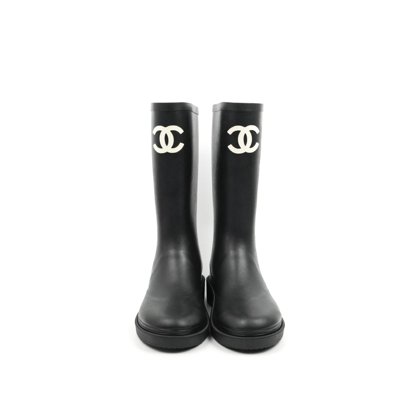 Chanel CC Black Rubber Rain Boots Size 35