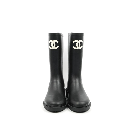 Chanel CC Black Rubber Rain Boots Size 35
