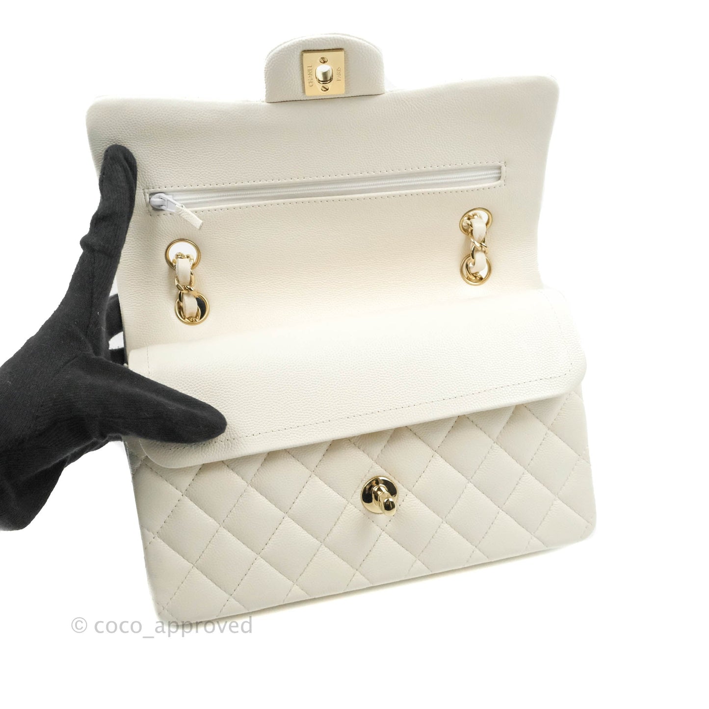 Chanel Small S/M Classic Quilted Flap White Caviar Gold Hardware 21S
