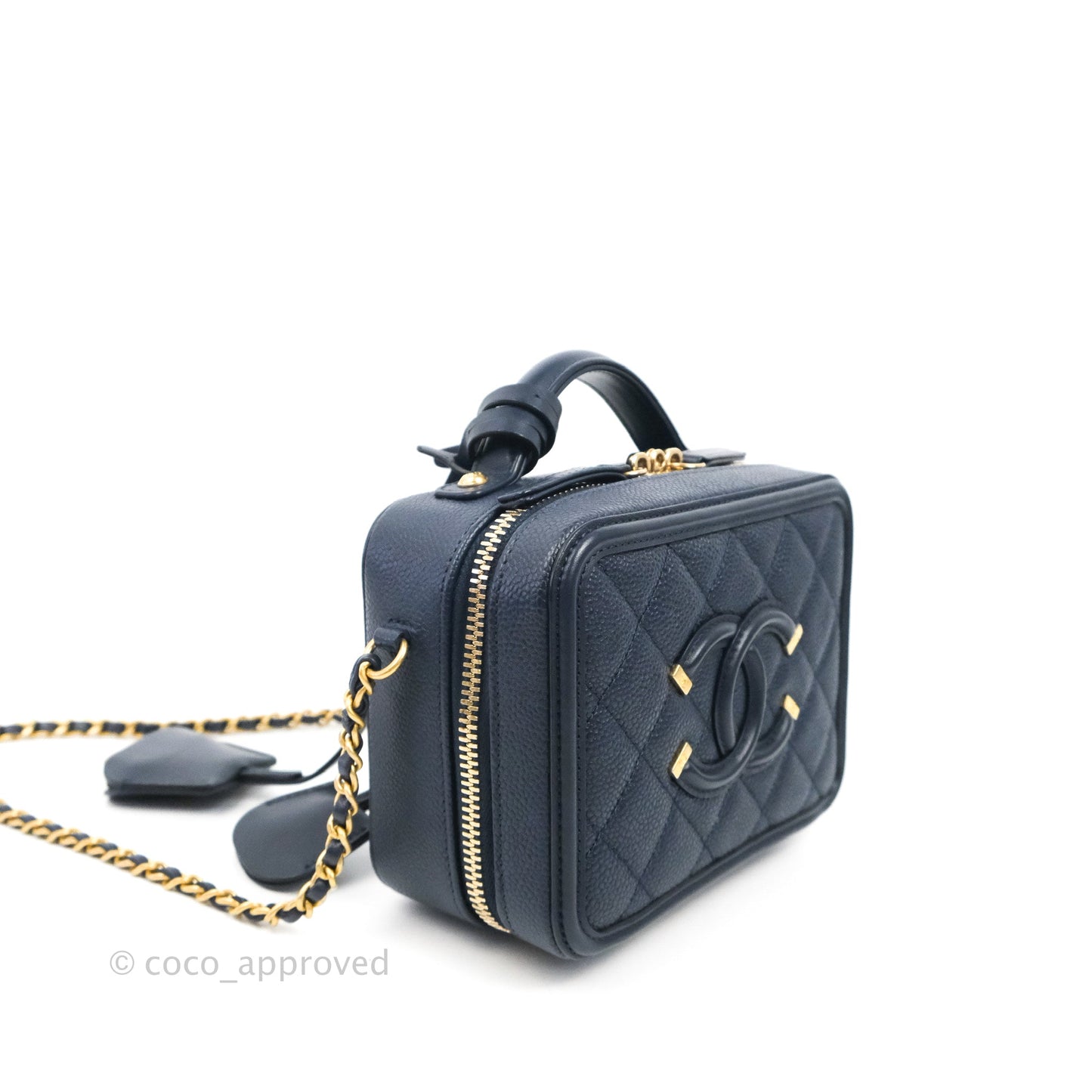 Chanel Quilted Small CC Filigree Vanity Case Navy Caviar Gold Hardware