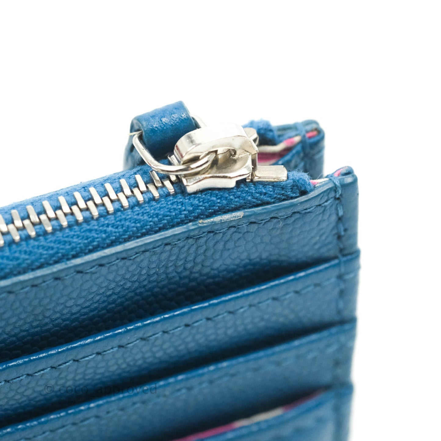 Chanel Quilted CC Zipped Card Holder Blue Caviar Silver Hardware