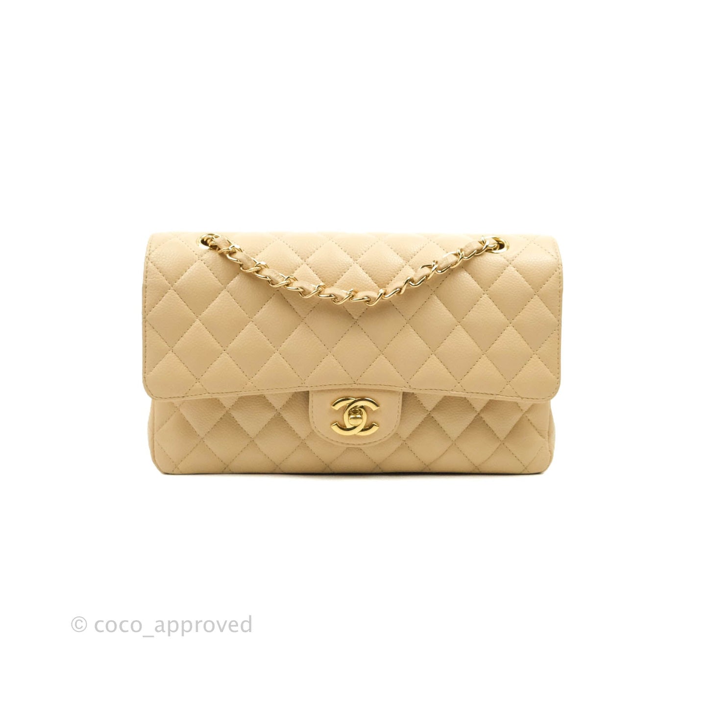 Chanel Classic M/L Medium Flap Quilted Beige Caviar Gold Hardware