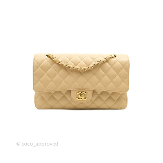 Chanel Classic M/L Medium Flap Quilted Beige Caviar Gold Hardware