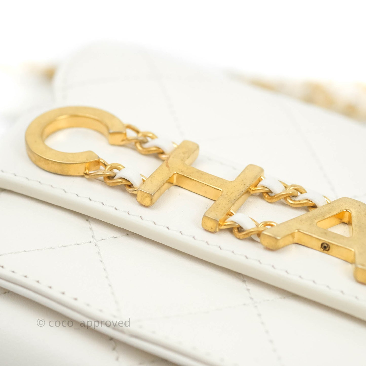 Chanel Small Logo Enchained Flap Bag White Calfskin Aged Gold Hardware 20S