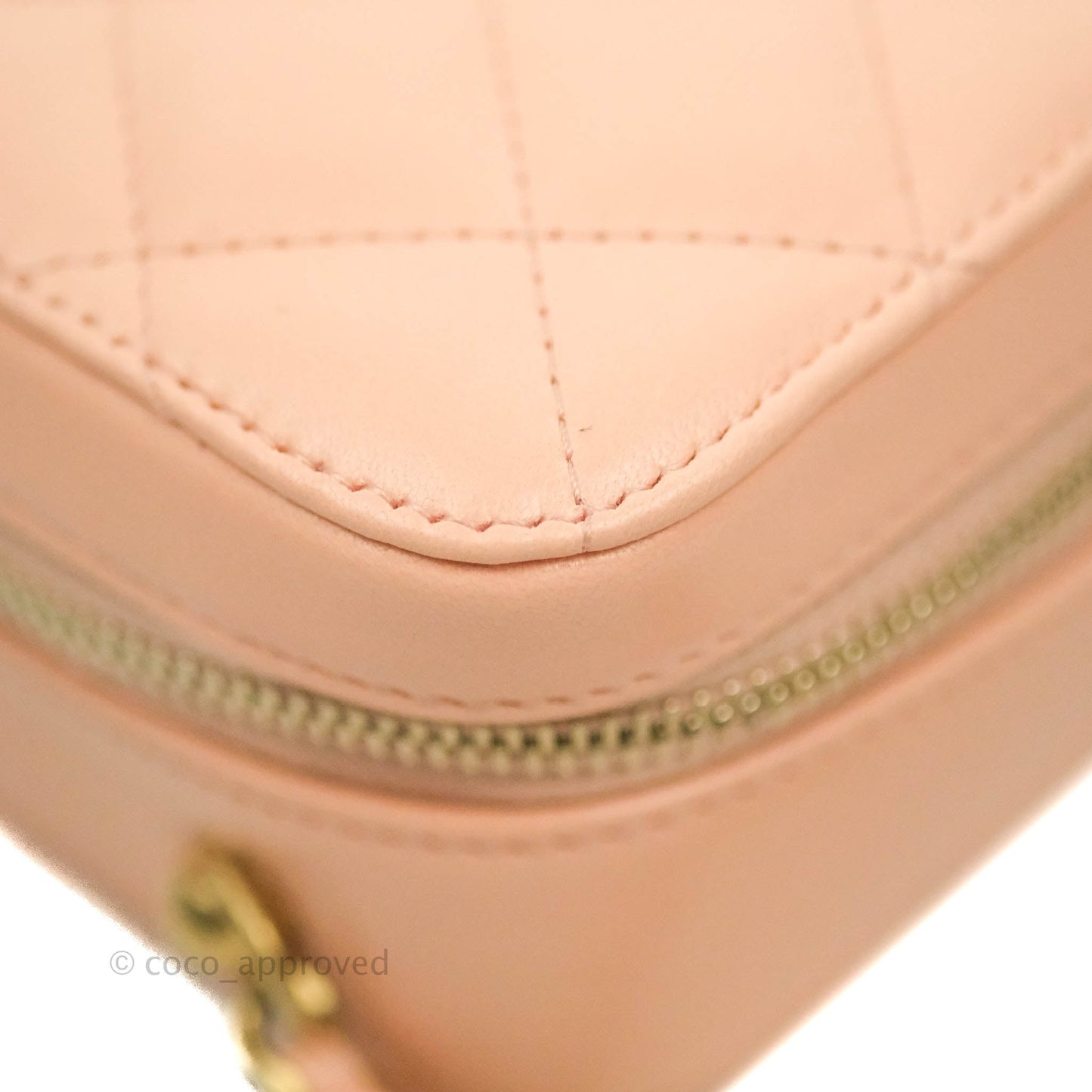 Chanel Mini Pearl Crush Quilted Camera Case Beige Pink Lambskin Aged Gold Hardware