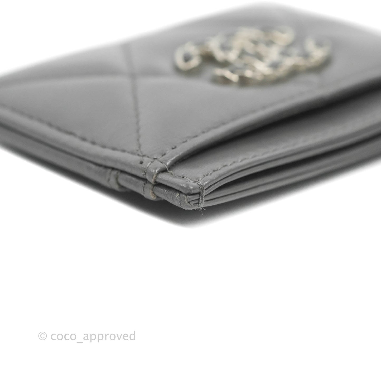 Chanel 19 Quilted Grey Flat Card Holder Silver Hardware