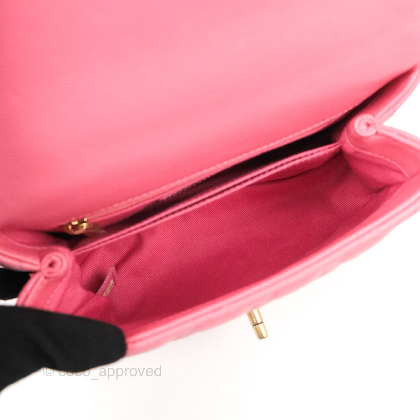 Chanel Small Coco Handle Quilted Pink Caviar Aged Gold Hardware Lizard Embossed Handle