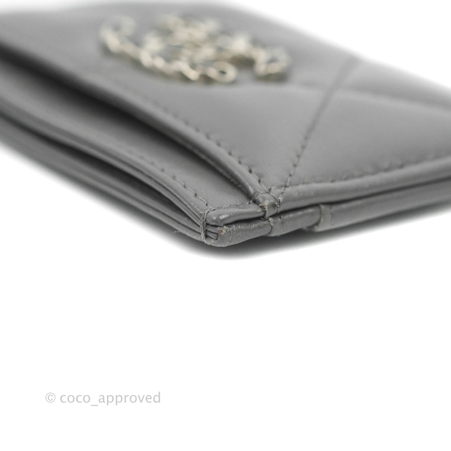 Chanel 19 Quilted Grey Flat Card Holder Silver Hardware