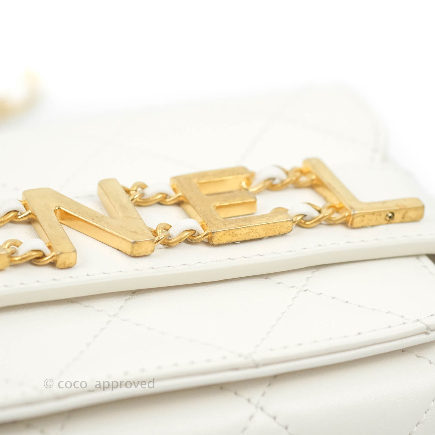 Chanel Small Logo Enchained Flap Bag White Calfskin Aged Gold Hardware 20S