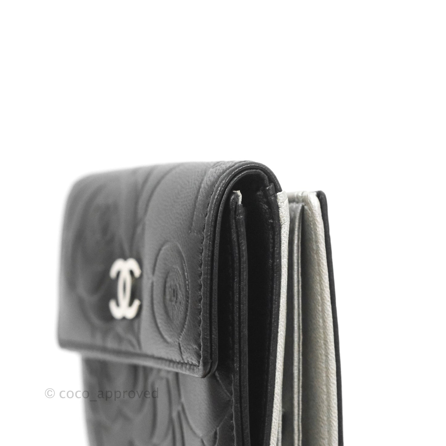 Chanel Camellia Embossed Tri-fold Short Wallet Black Lambskin Silver Hardware