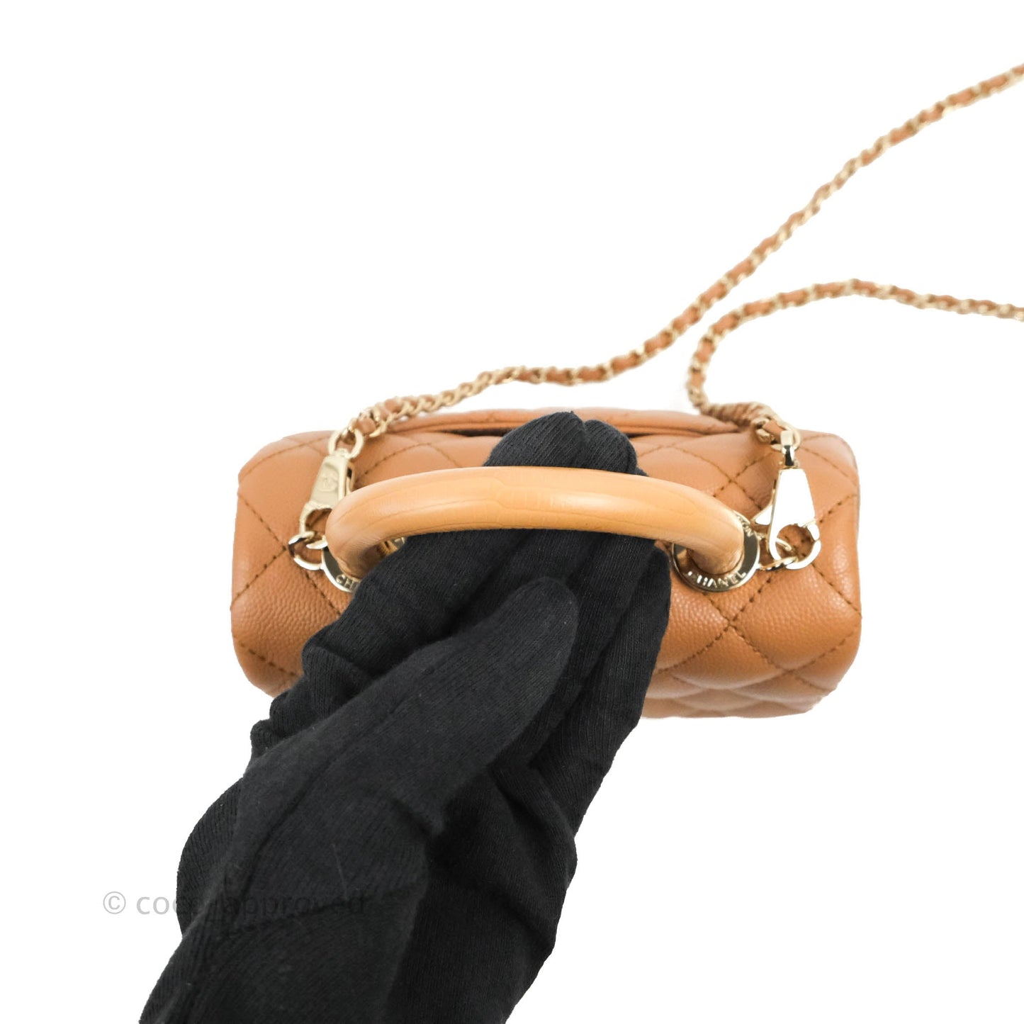 Chanel Mini Coco Handle Quilted Dark Beige Caramel Caviar Lizard Embossed Handle Gold Hardware