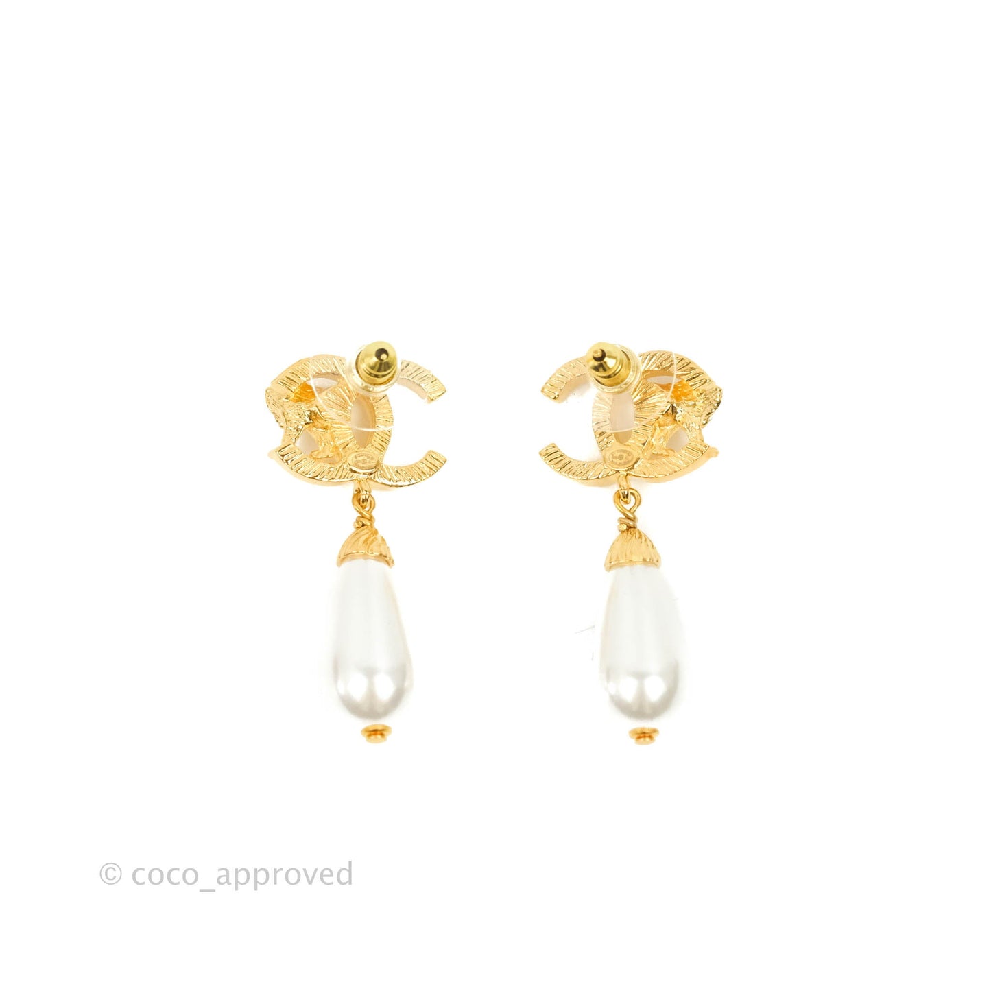 Chanel Lion CC Drop Tear Pearl Earrings Gold Tone 22A