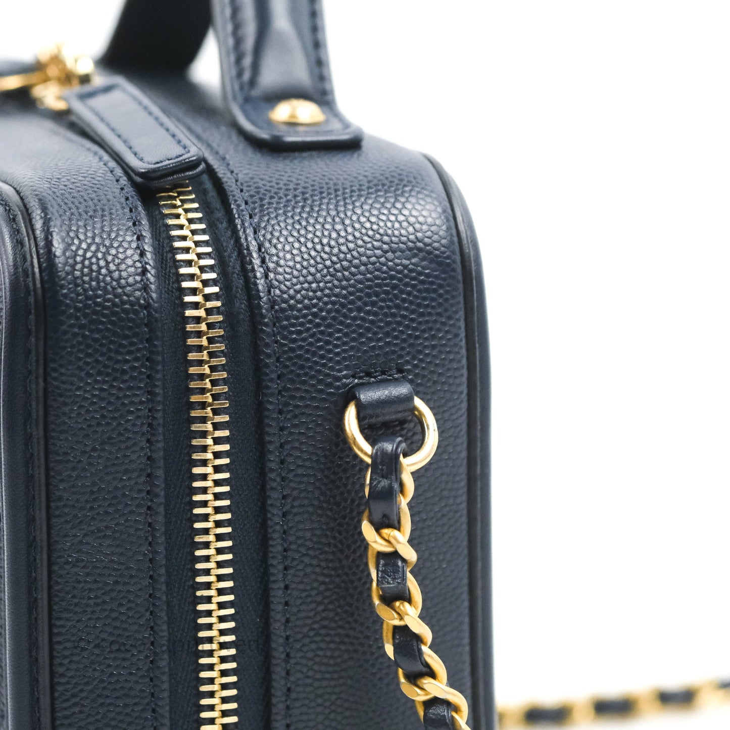 Chanel Quilted Small CC Filigree Vanity Case Navy Caviar Gold Hardware