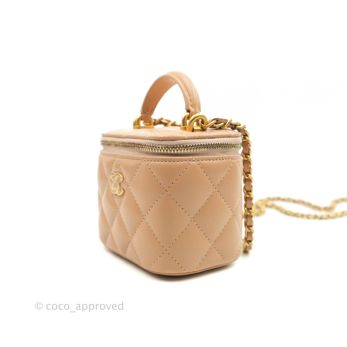 Chanel Mini Top Handle Vanity With Chain Beige Lambskin Aged Gold Hardware