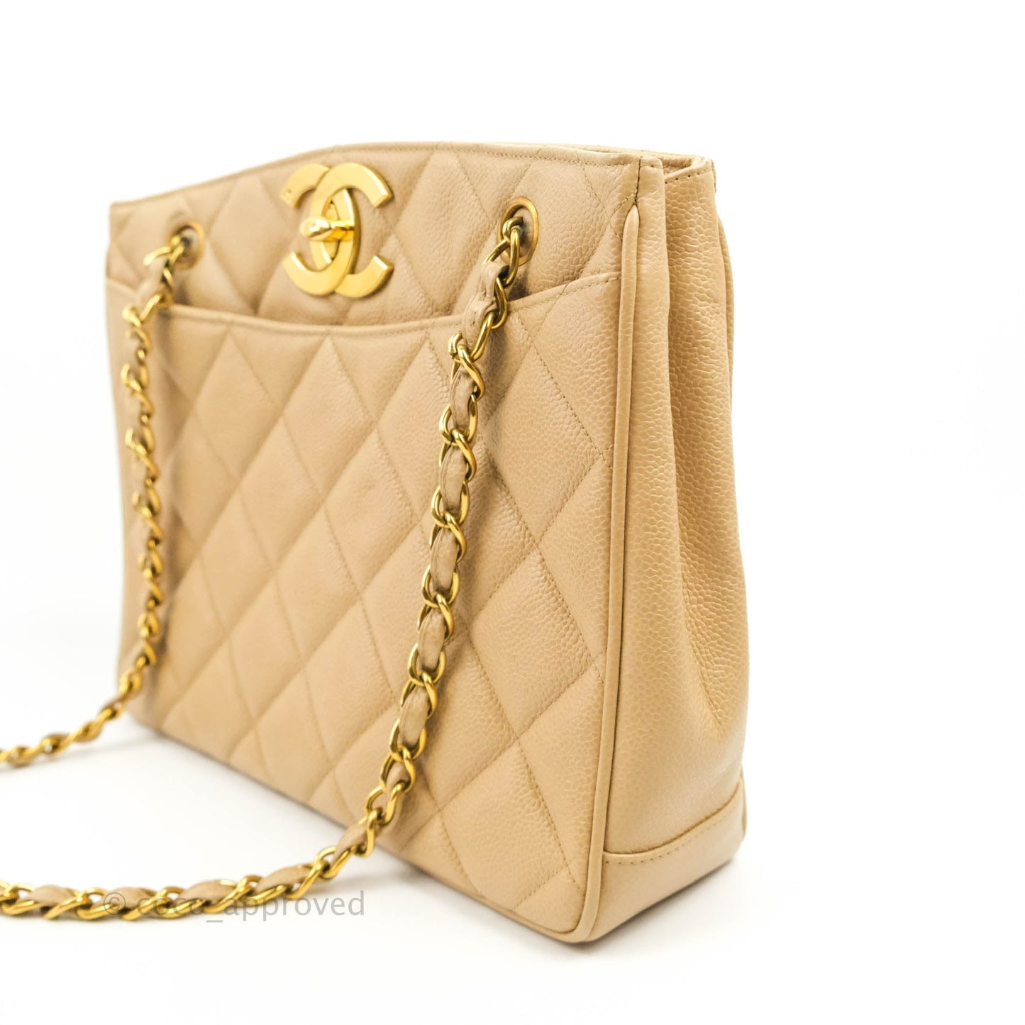 Chanel Vintage CC Quilted Tote Dark Beige Caviar 24K Gold Hardware