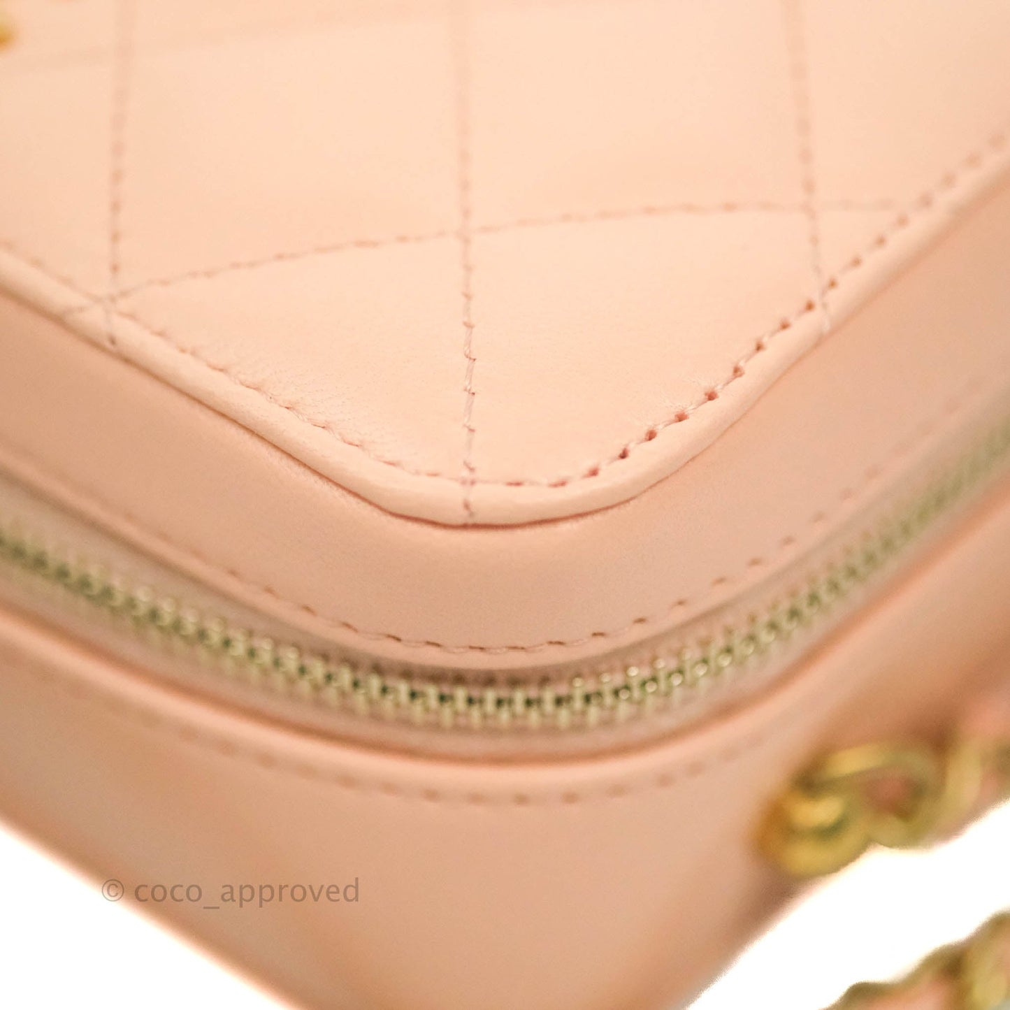 Chanel Mini Pearl Crush Quilted Camera Case Beige Pink Lambskin Aged Gold Hardware