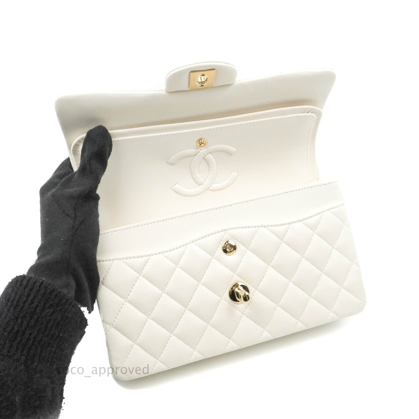 Chanel Small S/M Classic Quilted Flap White Caviar Gold Hardware 21S