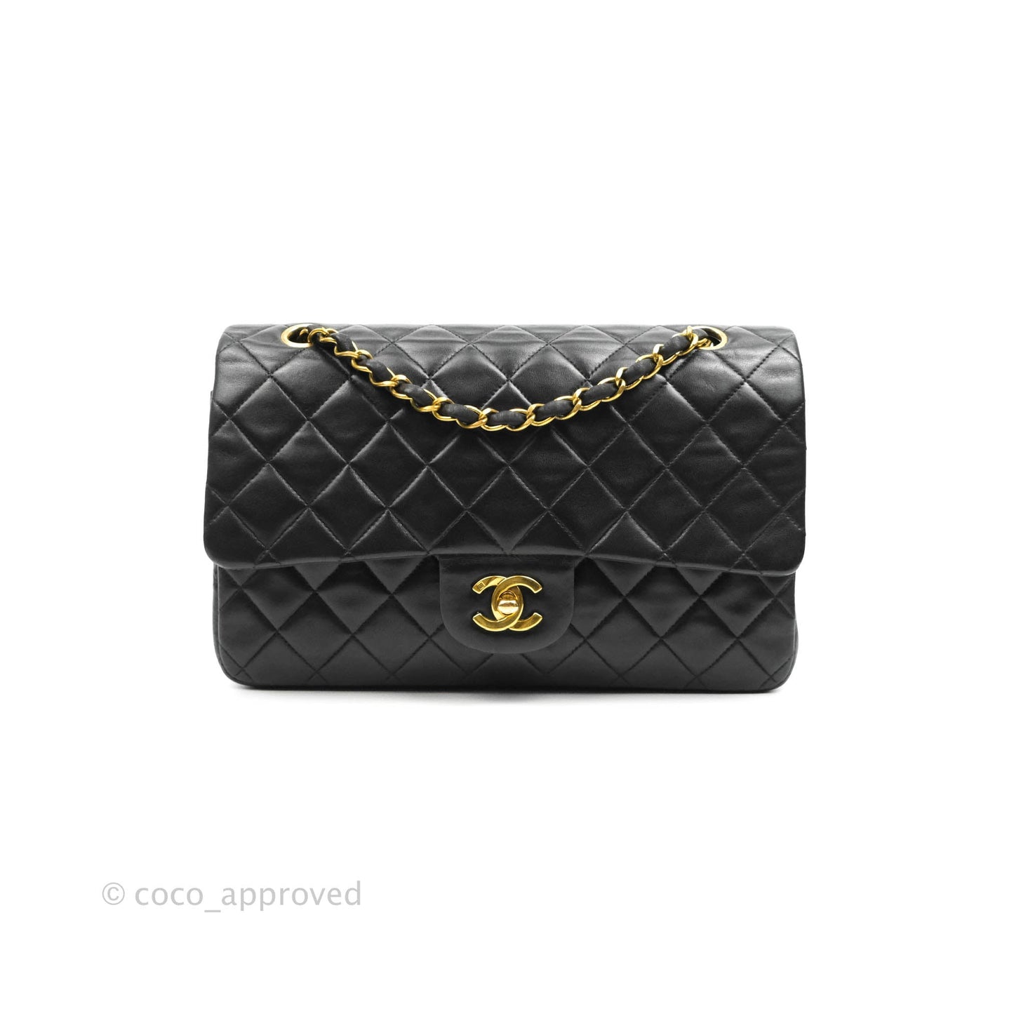 Chanel Vintage Classic M/L Medium Double Flap Bag Black Lambskin 24K Gold Hardware