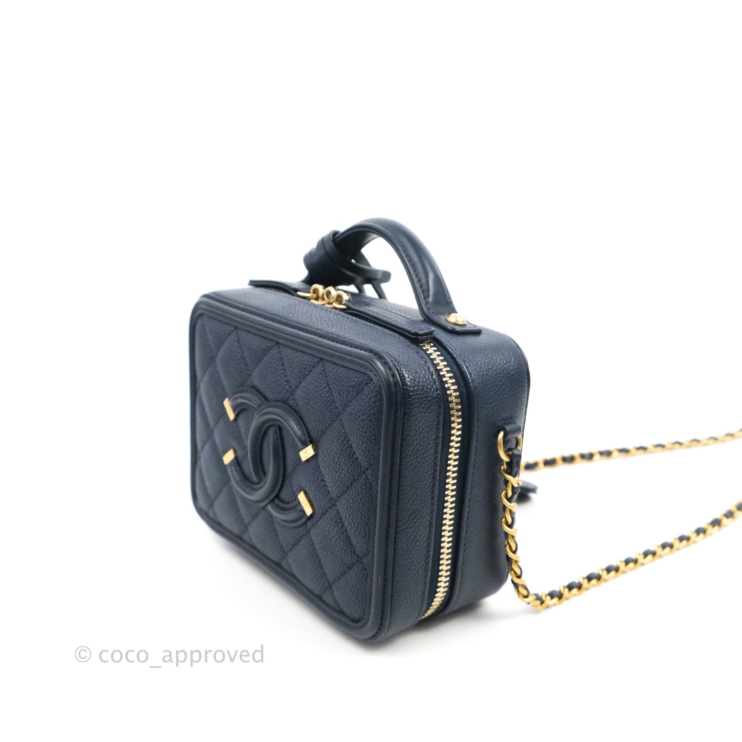 Chanel Quilted Small CC Filigree Vanity Case Navy Caviar Gold Hardware