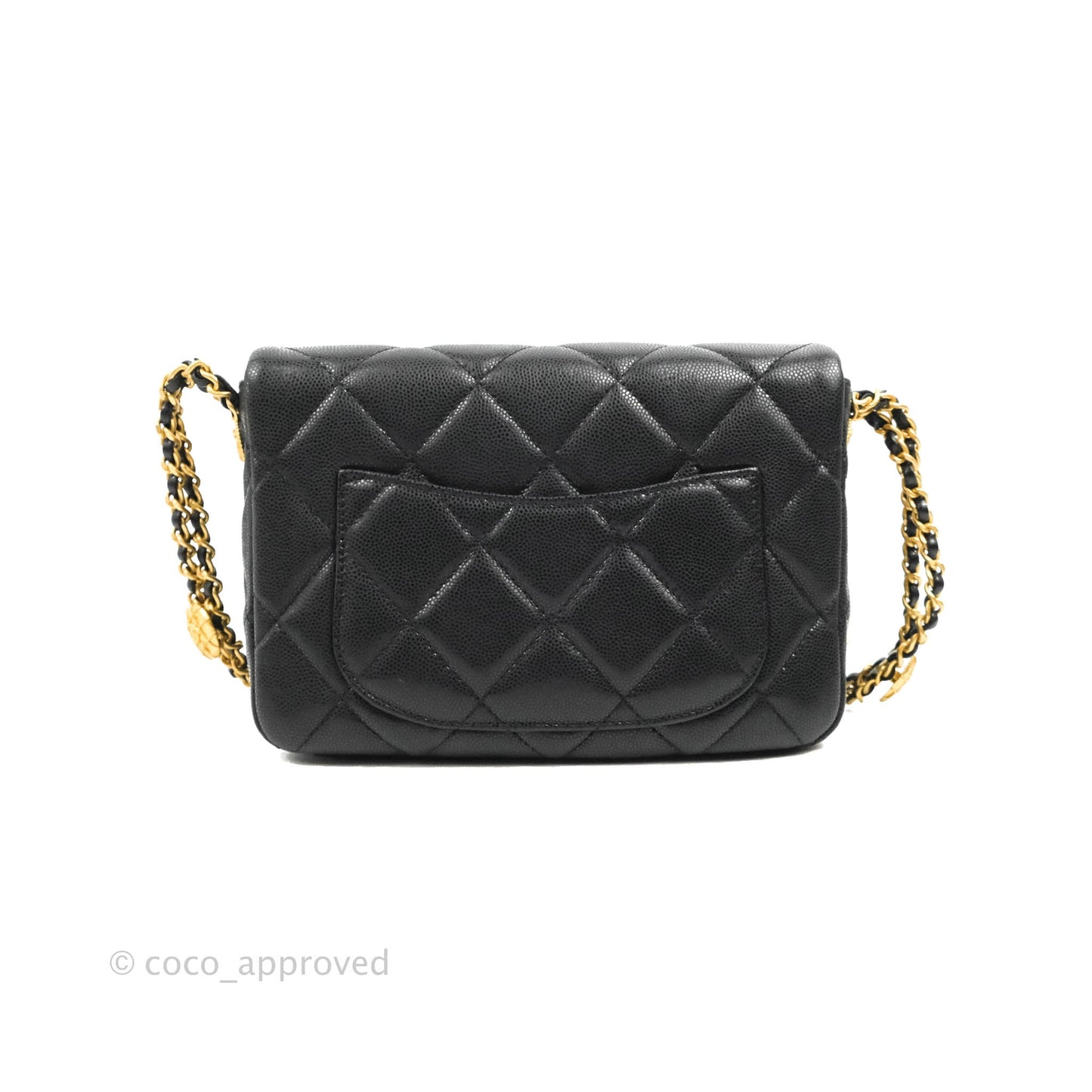 Chanel Small Flap with Coin Charm Black Caviar Aged Gold Hardware 22A