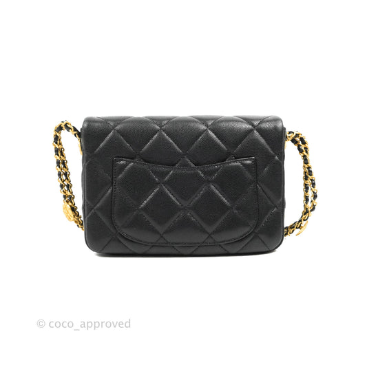 Chanel Small Flap with Coin Charm Black Caviar Aged Gold Hardware 22A
