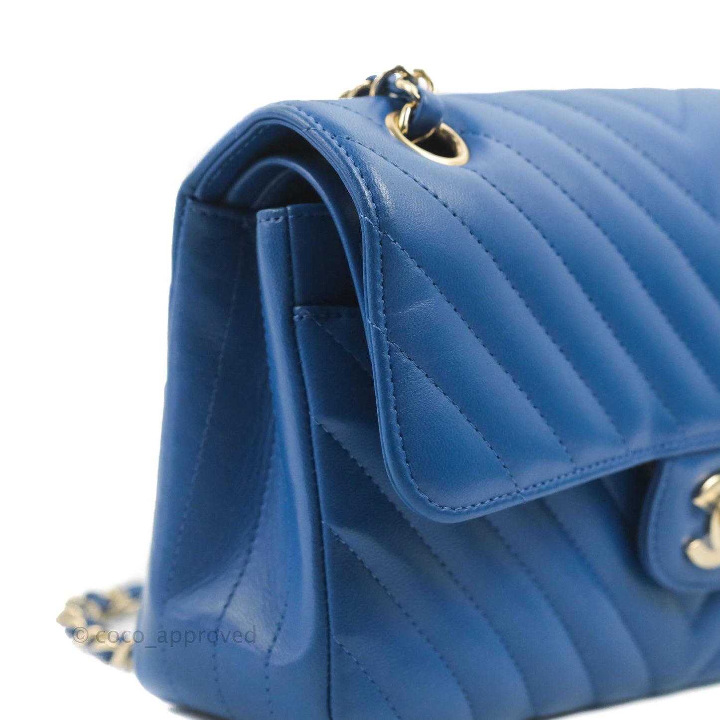 Chanel Classic Chevron S/M Small Double Flap Blue Lambskin Gold Hardware
