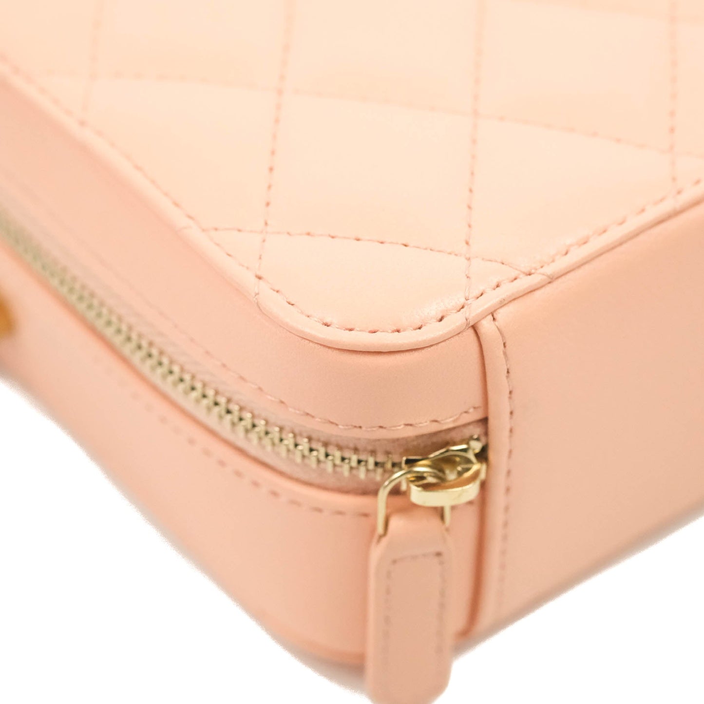 Chanel Mini Pearl Crush Quilted Camera Case Beige Pink Lambskin Aged Gold Hardware