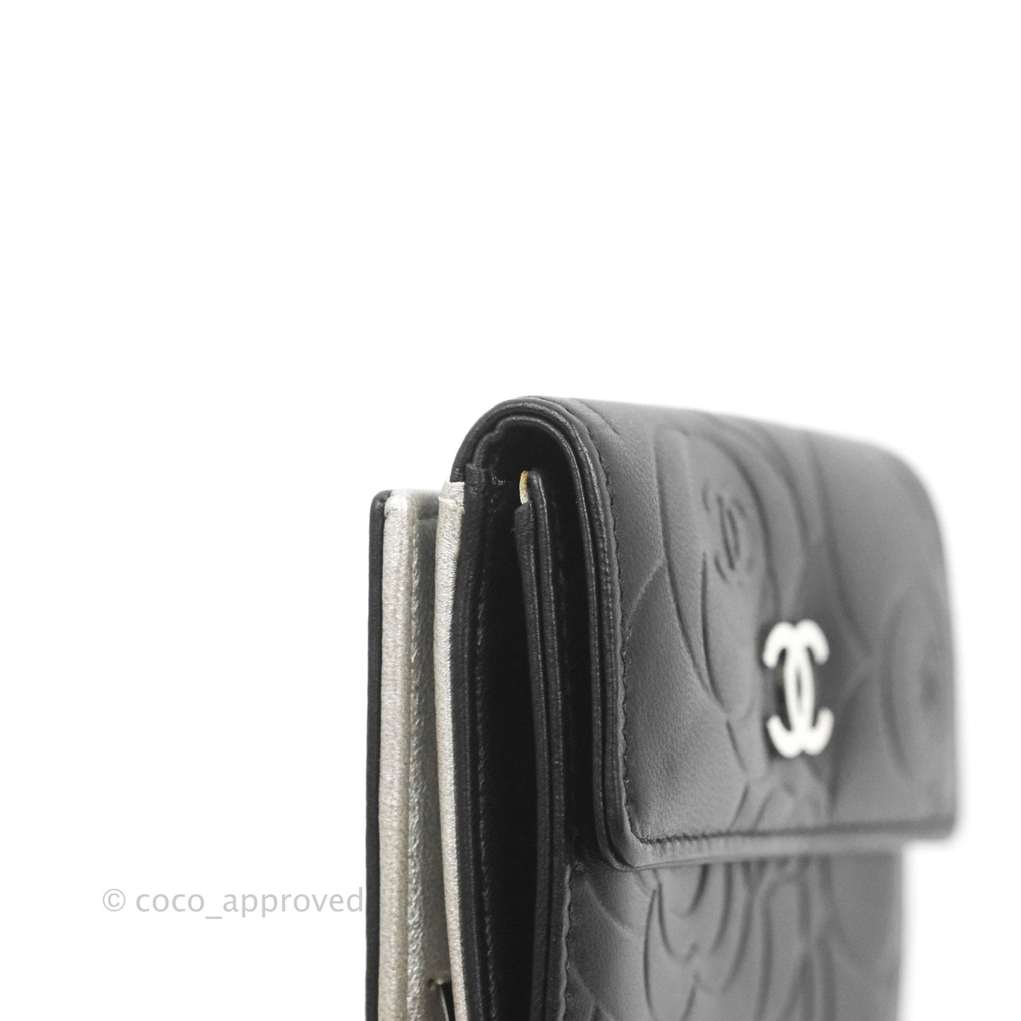 Chanel Camellia Embossed Tri-fold Short Wallet Black Lambskin Silver Hardware