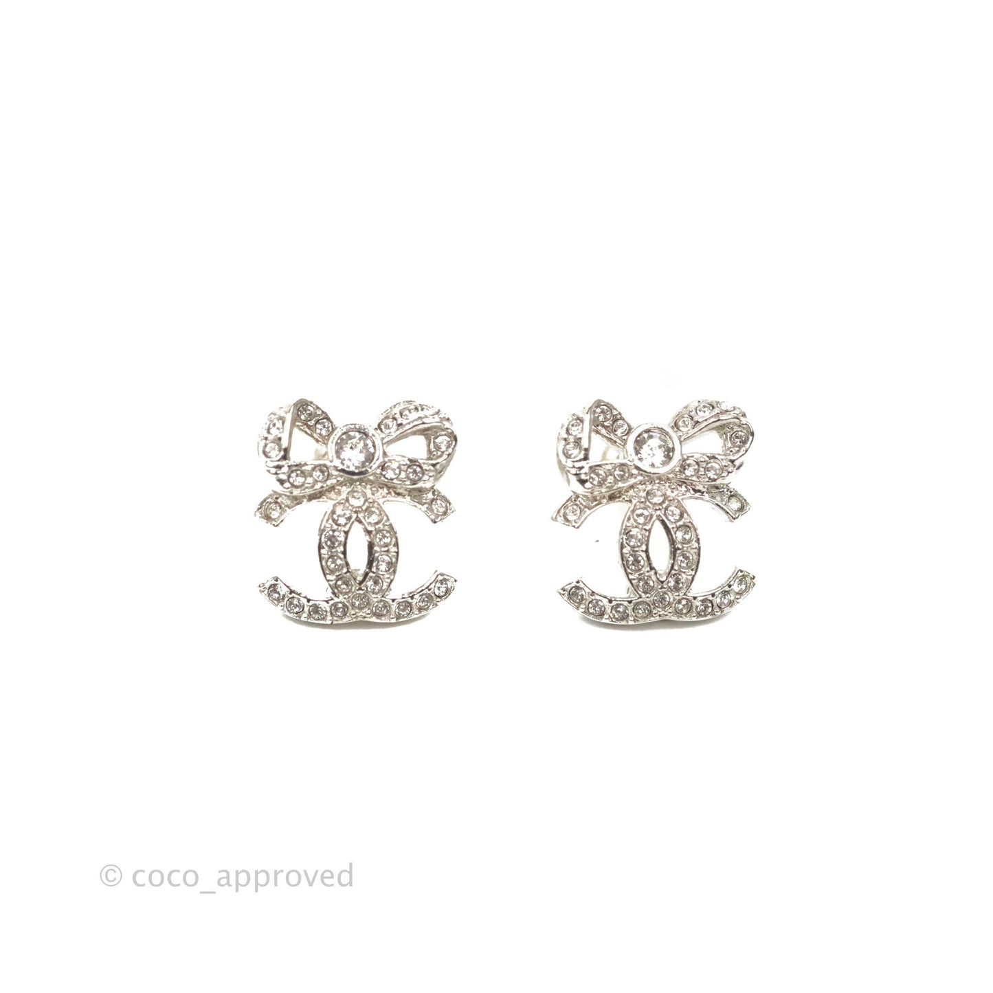 Chanel Crystal CC Bow Knot Earrings Silver Tone 22B