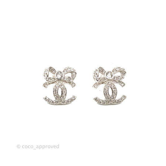 Chanel Crystal CC Bow Knot Earrings Silver Tone 22B