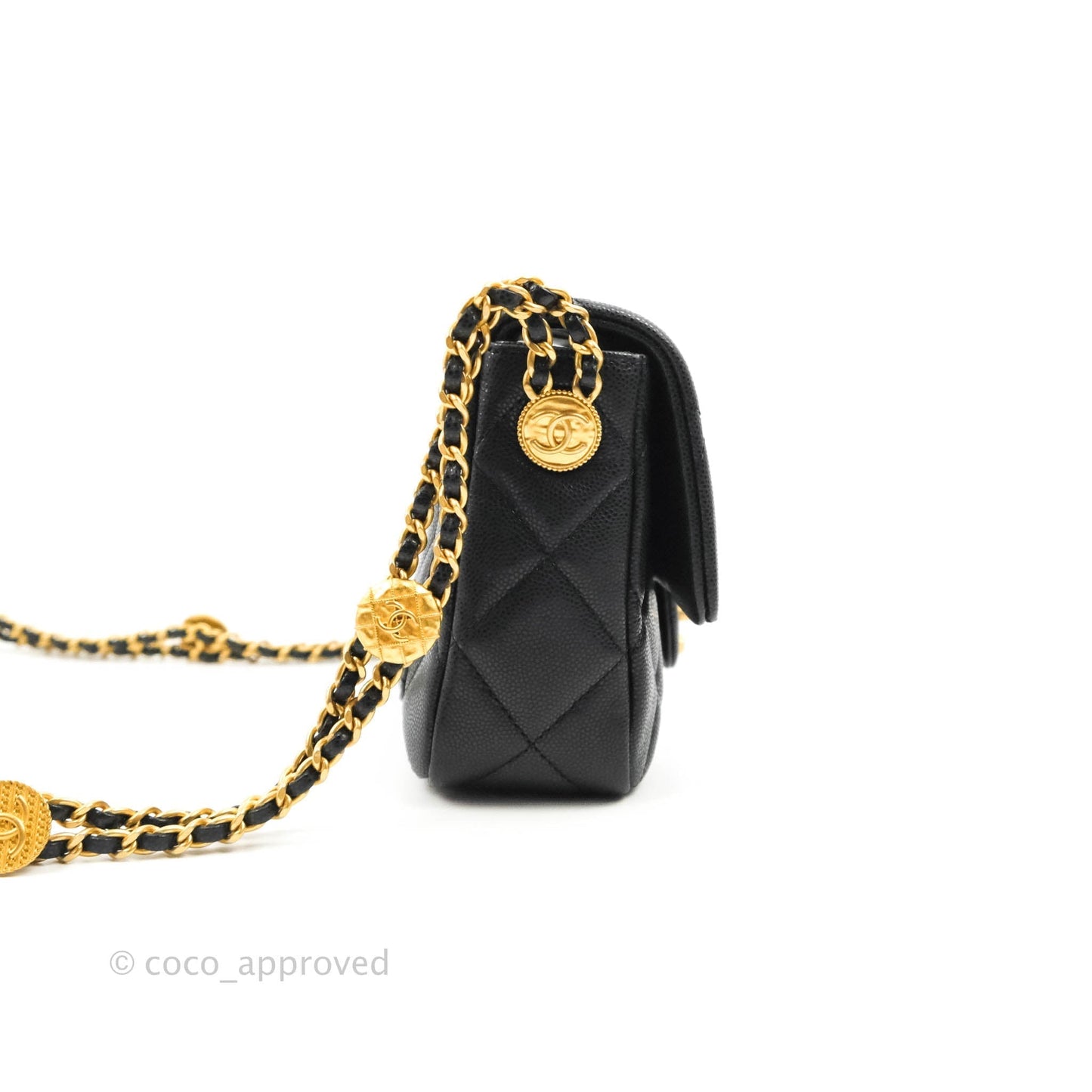 Chanel Small Flap with Coin Charm Black Caviar Aged Gold Hardware 22A