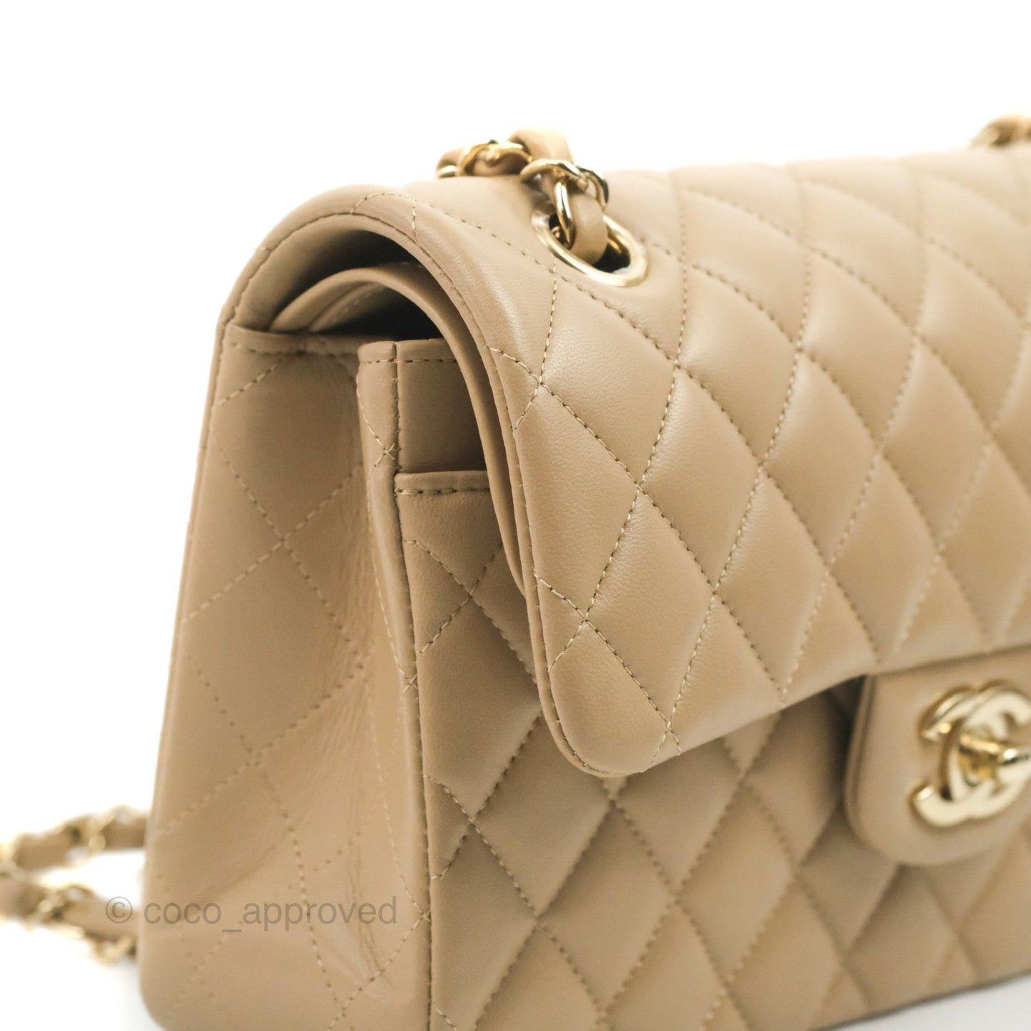 Chanel Small Classic Quilted Flap Dark Beige Lambskin Gold Hardware