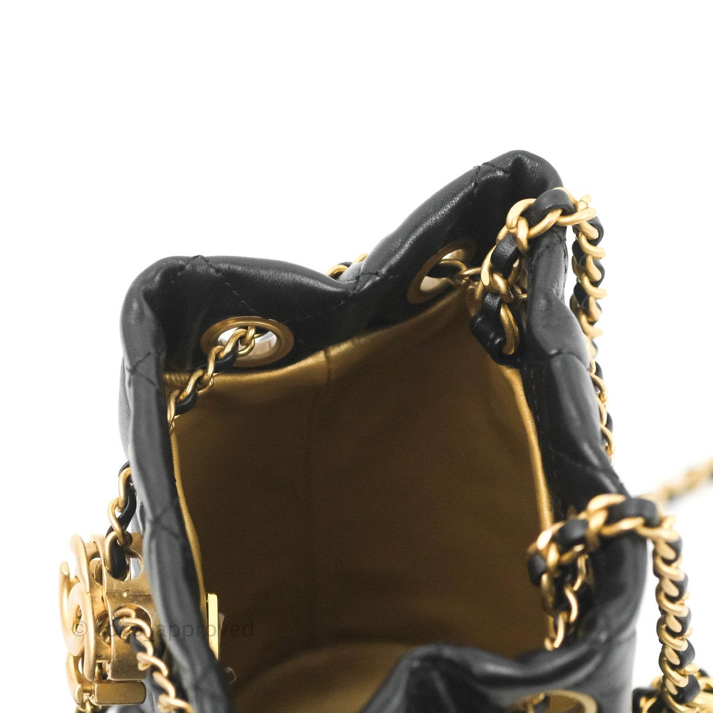 Chanel Pearl Crush Bucket Bag Black Lambskin Aged Gold Hardware 22S
