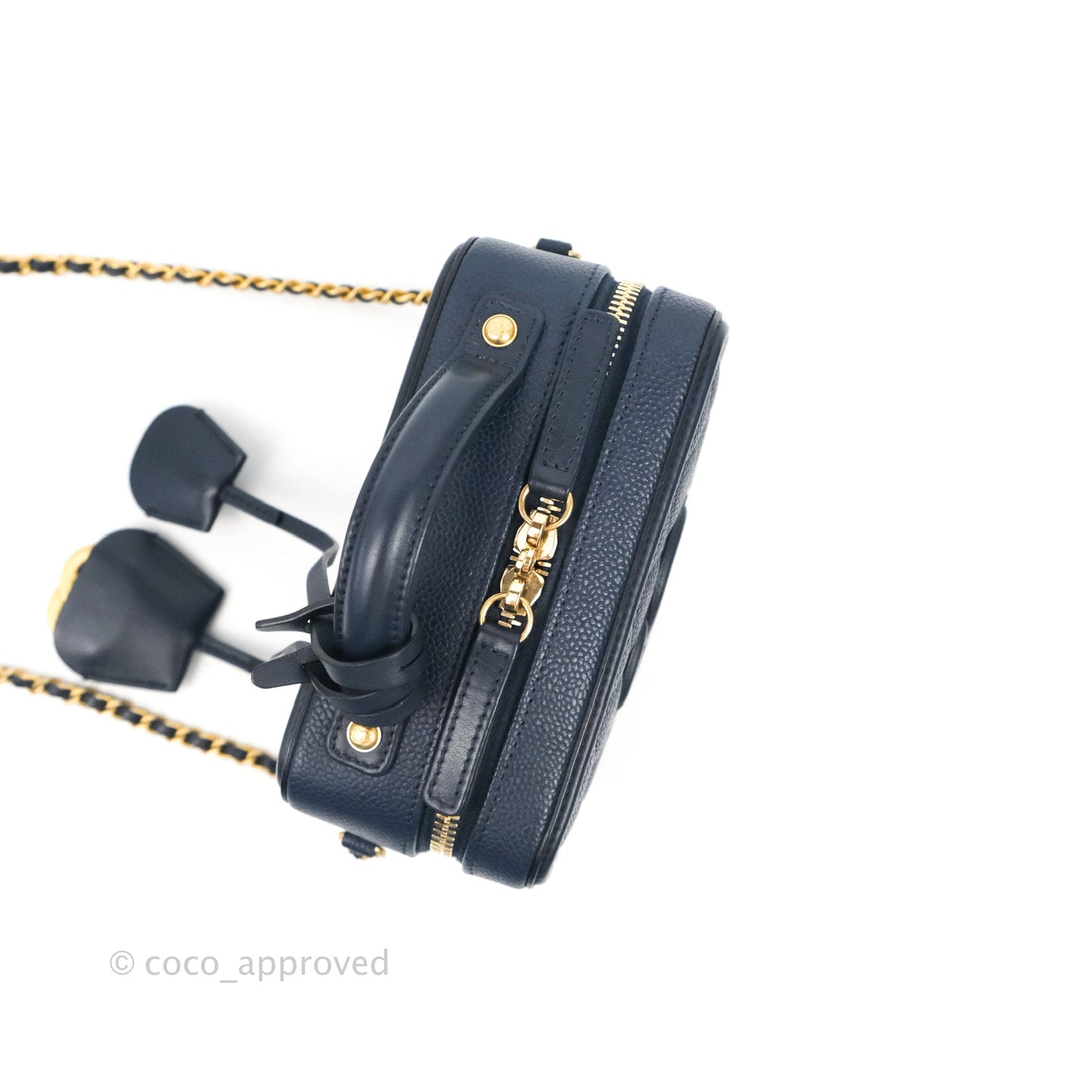 Chanel Quilted Small CC Filigree Vanity Case Navy Caviar Gold Hardware