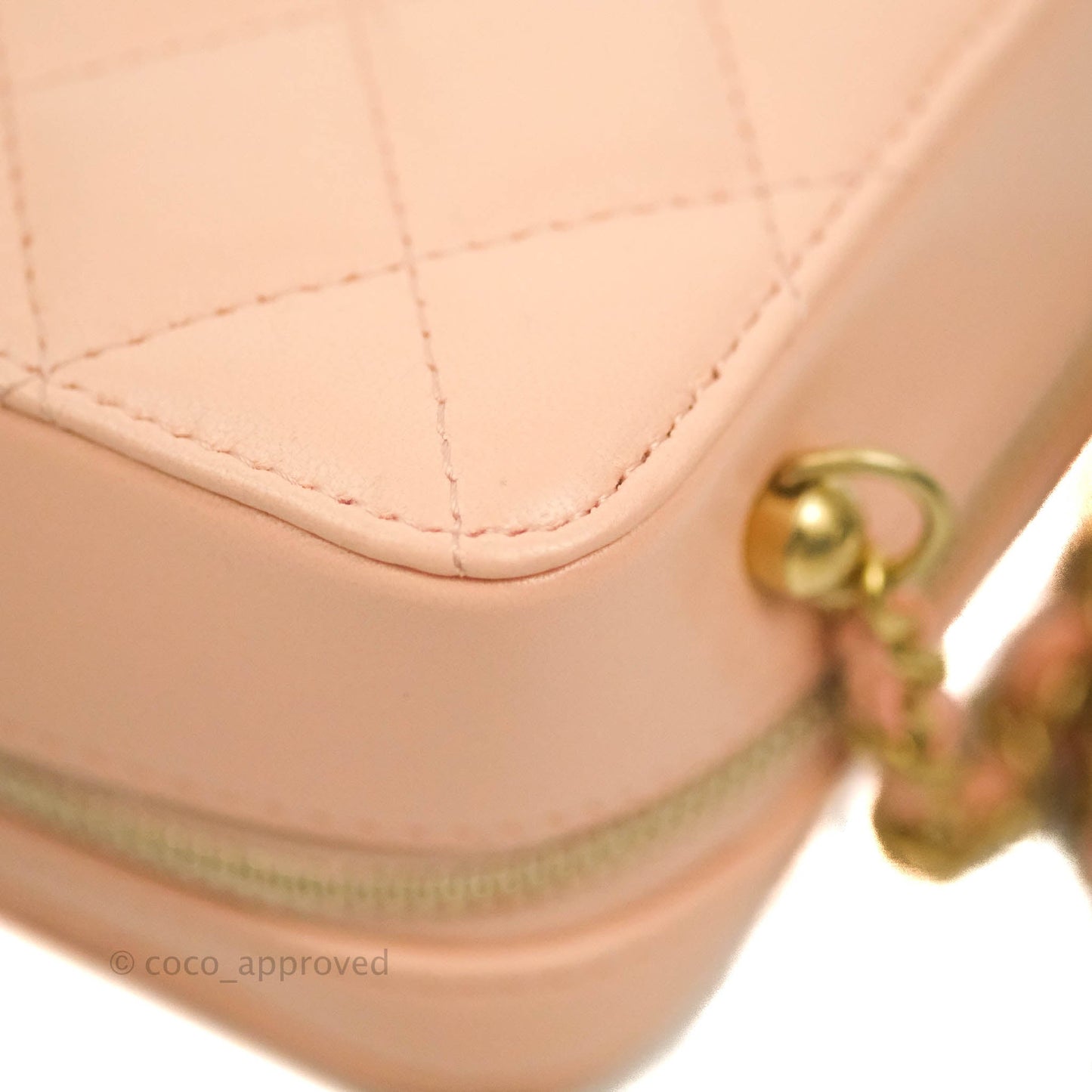Chanel Mini Pearl Crush Quilted Camera Case Beige Pink Lambskin Aged Gold Hardware