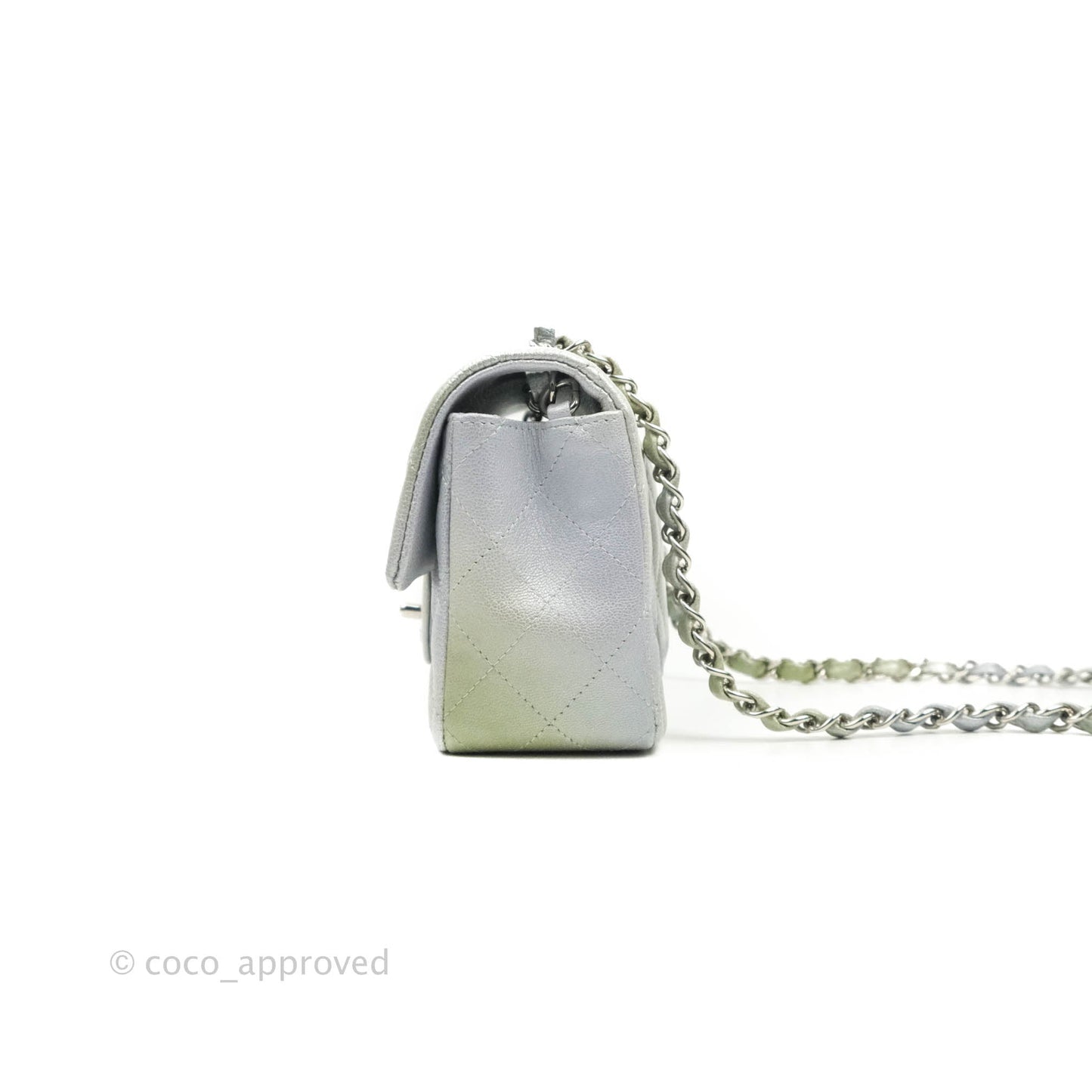 Chanel Quilted Mini Rectangular Flap Ombre Grey Green Metallic Goatskin Silver Hardware 22C