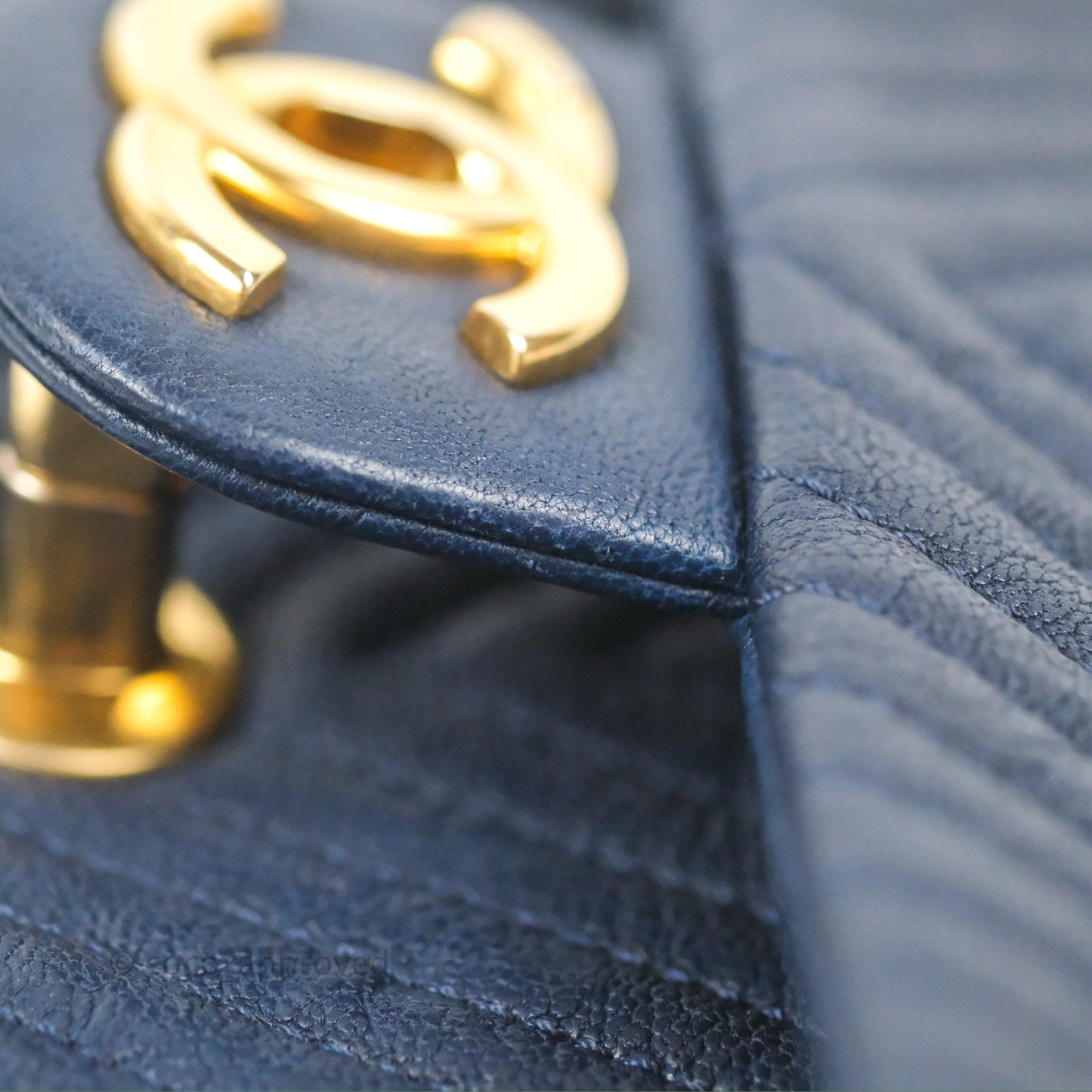 Chanel Small Chevron Surpique Flap Navy Calfskin Aged Gold Hardware
