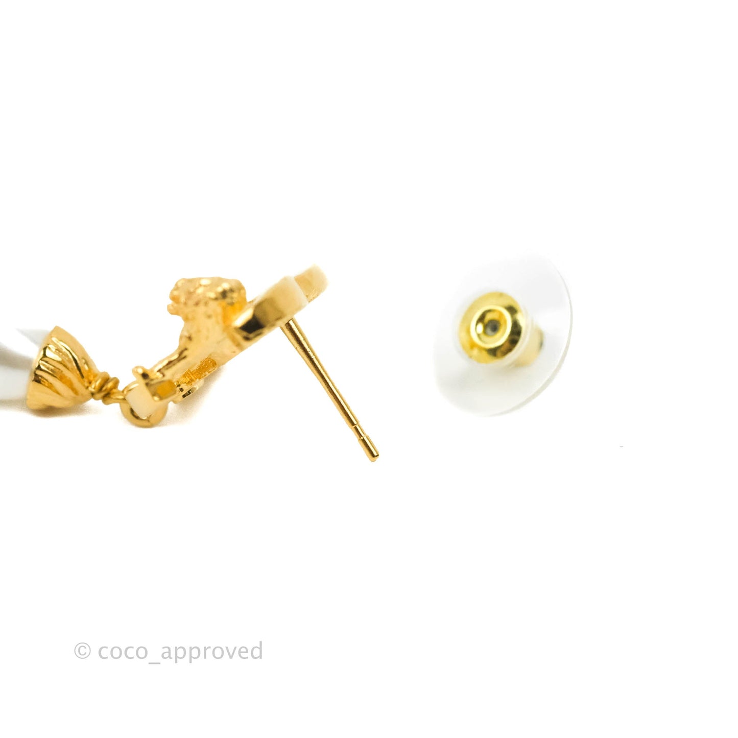 Chanel Lion CC Drop Tear Pearl Earrings Gold Tone 22A