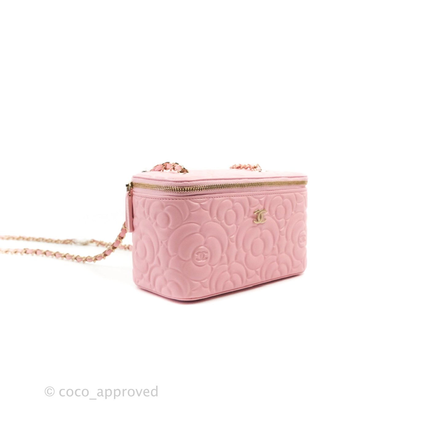Chanel Vanity with Chain Camellia Embossed Pink Calfskin Gold Hardware