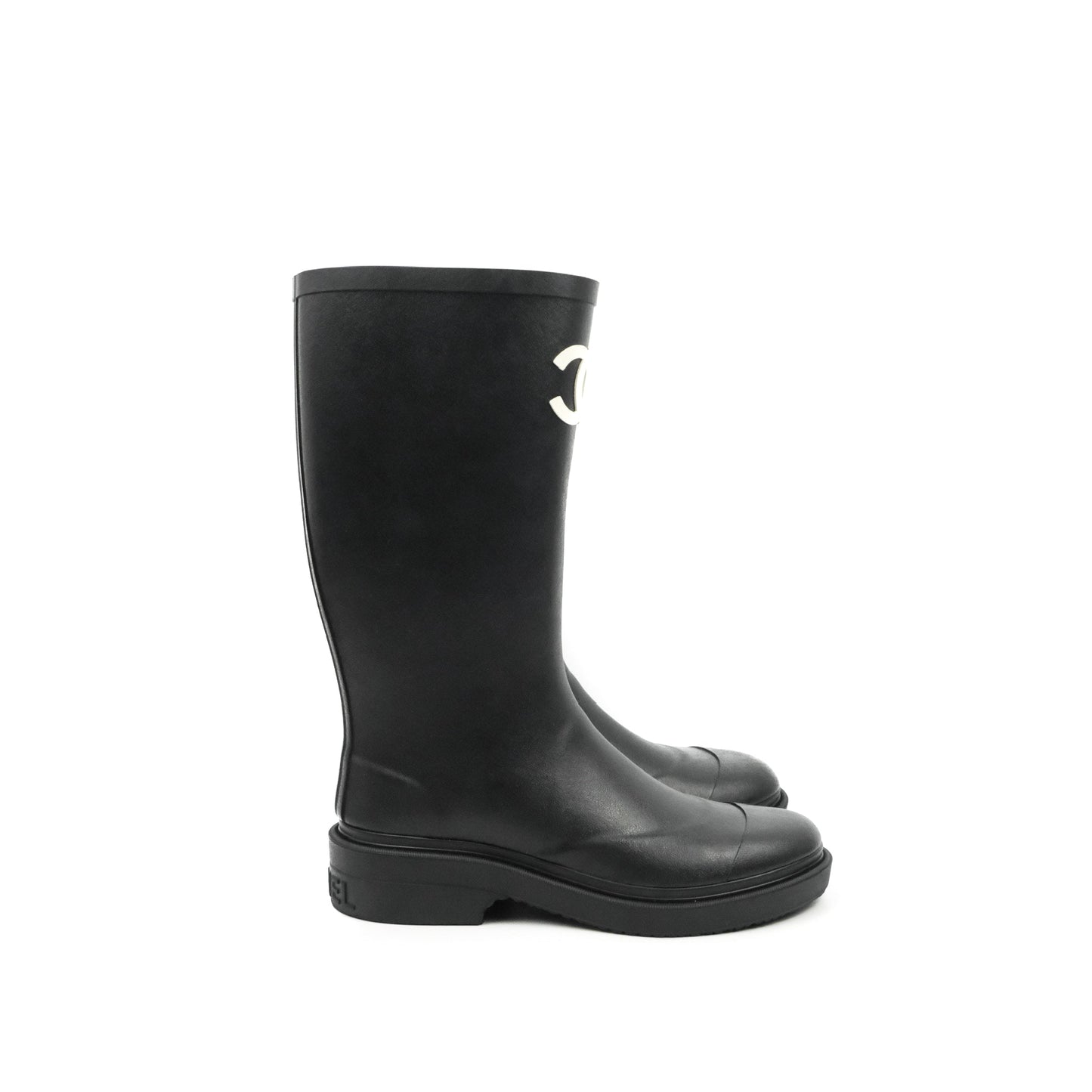 Chanel CC Black Rubber Rain Boots Size 35